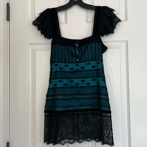 Vintage Luxury Lace Adorned Cap Sleeves Black Turquoise Back Tie Top Size XS/S